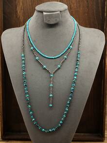 Collar en forma de lágrima de turquesa, set de 3 collares de estilo occidental/campestre con textura de perlas falsas, joyería de moda para mujer, collar bohemio vintage ajustable con cuentas para niñas - Turquesa - Ver 8