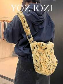 Korean Style Plush Niche Design Underarm Shoulder Bag, Leopard Print Autumn/Winter Crossbody Bag, Fashionable Furry Commute & Outing Tote Bag For Women, Large Capacity - Multicolor - View 2