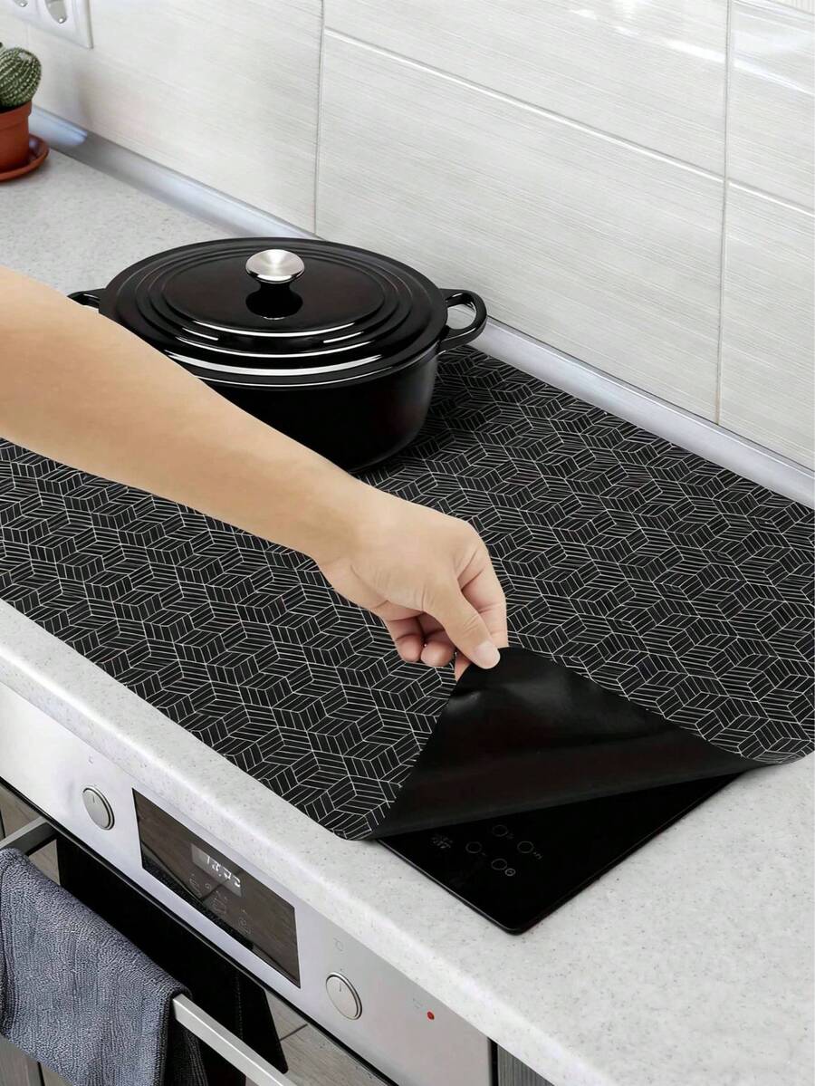 1pc Kitchen Stovetop Protector Mat, Scratch Protector For Stovetops, Heat Resistant, Scratch-Resistant, Geometric Pattern, Black, Perfectly Protects Stovetops, Can Also Be Used As A Draining Mat For Dishes - Black - View 1