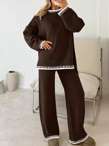 2pcs Women Contrast Color Knit Sweater Set, Long Sleeve Round Neck Sweater Top Paired With Pants, Women Casual 2-Piece Outfit, Autumn/Winter Homewear Set, Women Pant Suit, Women Winter Clothing Set, Women Autumn Outfit - Coffee Brown - View 3