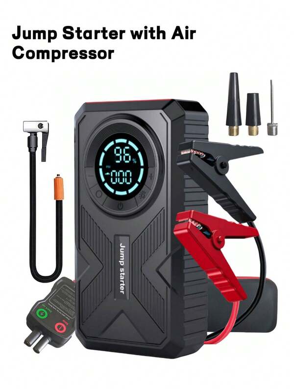 Kit de arranque de batería de coche 5 en 1 con compresor de aire de 150 PSI, caja de cables de arranque, arrancadores portátiles para motores de 5.0L de gasolina/3.0L, pantalla LCD, linterna LED de 3 modos, carga rápida USB-C, batería de polímero de litio, potencia de salida de 10W, potenciador de eficiencia de combustible, arrancadores portátiles para coches, camiones y SUV, herramienta de reparación de arranque