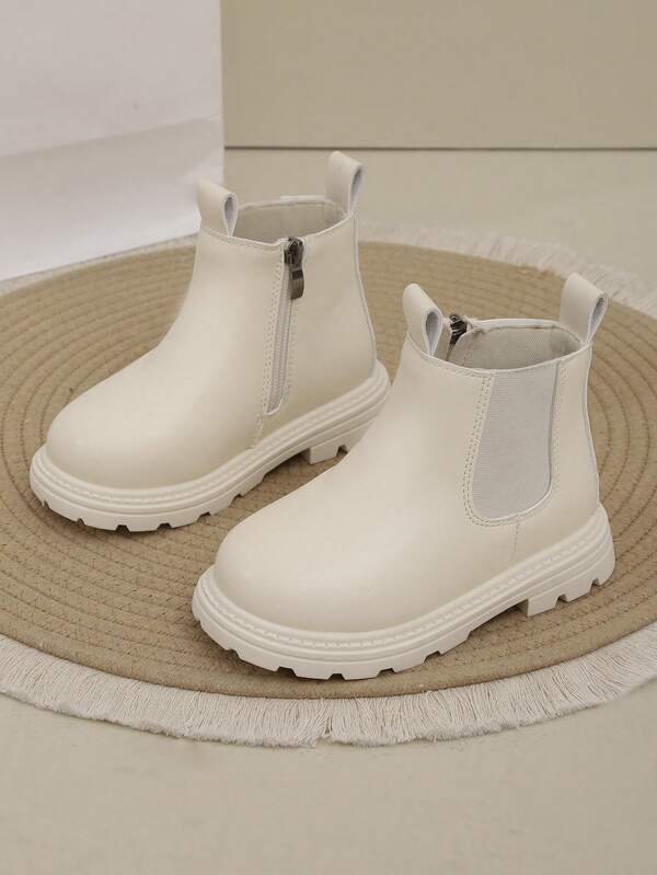 1 Pair Beige Plus Size Chelsea Boots For Teens & Kids, Soft Leather, Elastic Side Panel, Classic Zipper Design, Round Toe, Soft Sole, Fashion Cute British Style Short Boots, Suitable For 3-15 Years Old Boys & Girls Daily, Casual, School, Holiday Wear, Autumn/Winter New