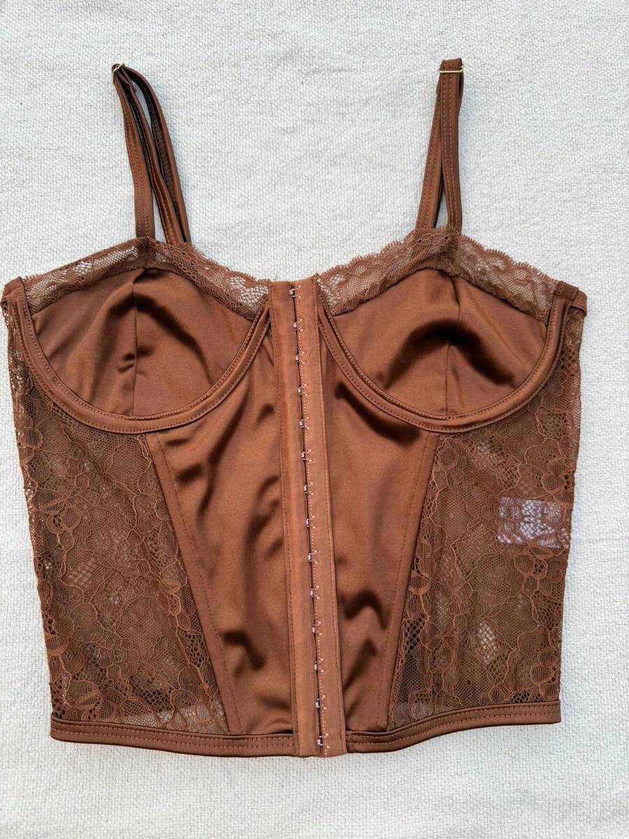 Cropped Corset With Front Opening And Closure, Simple Lace Corset For Evening Wear. - Rỉ Nâu - Xem 1