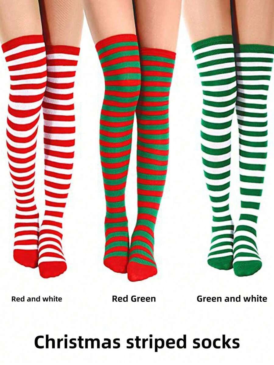 1 Pair Over-The-Knee Striped Party Socks, Christmas Cosplay Thigh High Socks For Women, Christmas Party Socks - Multicolor - View 1