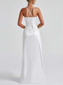 女士缎面无袖垂褶开衩修身性感派对情人节晚礼服 白色夏季优雅 - 白色 - 查看 2