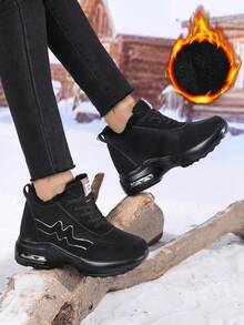 New Autumn/Winter Plus Size Air Cushion Lightweight Leather Platform Shoes, Women's Black & Gold Wedge Heel Casual Shoes, Women's Fleece Thick-Soled Sneakers, Women's Elevated Sports Shoes, Women's Insulated Snow Boots, Women's Warm Furry Black Elevator Shoes - Black Gold - View 4