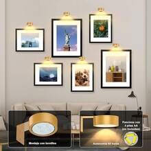 Lampara para Cuadros con Mando, Lampara para Pintar con Pilas, Lampara de Arte Inalámbrica con 3 Colores, Lampara de Retrato para Marcos de Arte, Lampara de Pared Decorativa (Dorado) - Batería-Dorado - Ver 4