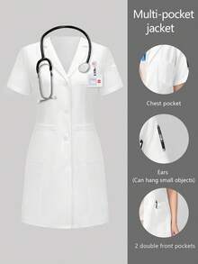cimmuovere Women's Long Sleeve V-Neck Scrubs Nurse Scrubs Workwear Dentist Healthcare Pet Hospital Laboratory Coat White Spring - White - View 7