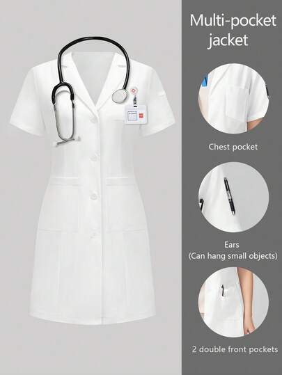 cimmuovere Women's Long Sleeve V-Neck Scrubs Nurse Scrubs Workwear Dentist Healthcare Pet Hospital Laboratory Coat White Spring