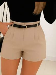 Women's Tailored Shorts With Belt And Side Zipper - Beige - View 2