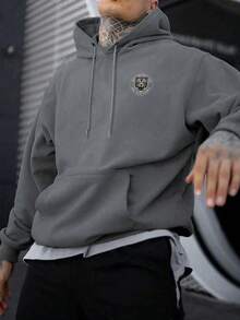 男士休闲时尚街头虎纹袋鼠口袋抽绳连帽衫，保暖内衬，秋冬款 - 深灰色 - 查看 2