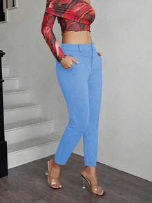 Apperloth A 女士休闲斜插口袋弹力腰拉链卡其色修身裤，适合日常休闲穿着、夏季音乐节、乡村音乐会等场合。 - 藍色 - 查看 4