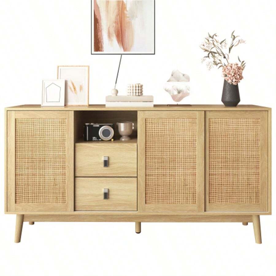 Sideboard With 3 Schiebetüren Aus Echtem Rattan Und 2 Schubladen, 155x38x80 Cm, Atmungsaktiv, Stabil And Vielseitig - Natural Color - View 1