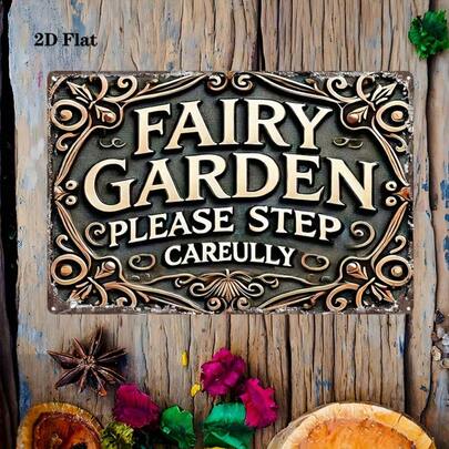 1 PIEZA Cartel decorativo vintage con relieve de hierro - "Jardín de hadas, por favor tenga cuidado al pisar" Arte de pared para calle, tienda, bar, granja y jardín - Póster de metal único, excelente para regalos y decoración