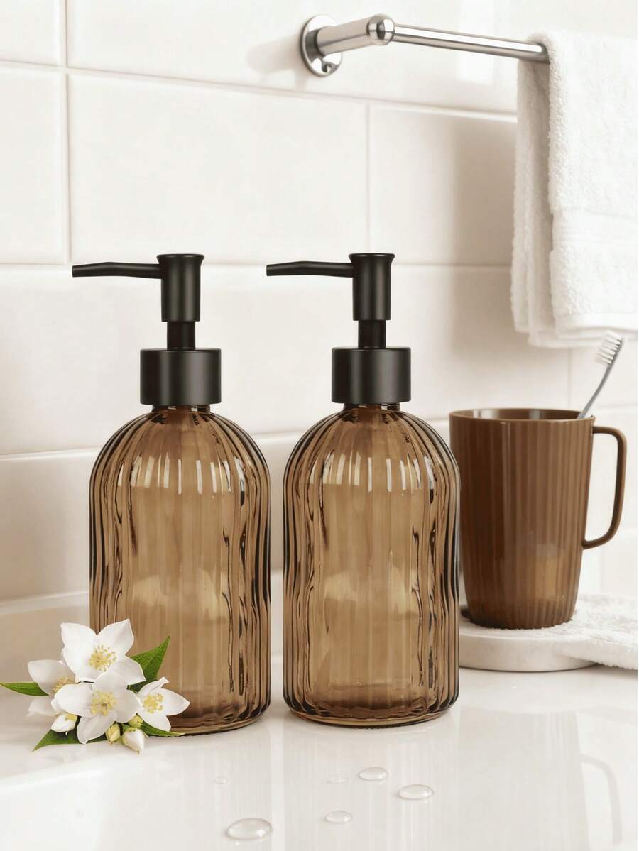 2 件装琥珀色玻璃皂液器 - 400 毫升，带黑色防锈泵，适用于厨房和浴室（乳液/油/肥皂）返校季 - 棕色 - 查看 1