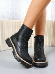 Women's Ankle Boots And Short Boots, Lace-Up Side Zipper Thick-Soled Boots, Combat Boots. Fashionable And Versatile Motorcycle Boots, Black Utility Boots For Spring, Autumn And Winter. Daily Wear Dress Boots For Parties, Banquets, Weddings. Suitable For Pairing With Jeans, Skirts, Leather Pants, Dresses, Leather Jackets, Sweaters, Down Jackets, Hoodies, Leather Jackets, Jackets. - Black - View 4