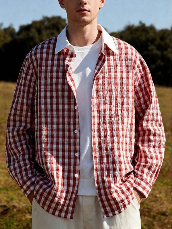 Camisa casual masculina xadrez patchwork com gola longa e botões frontais, essencial para presente de Natal, poliéster, adequada para uso casual, escritório, encontros, viagens