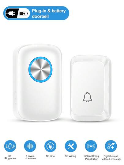 1 Set 3*AAA Battery Operated Wireless Doorbell, 60 Melodies 5 Volume Levels, Long Range Wireless Doorbell Chime For Home, Living Room, Garden, Bedroom, USB Powered