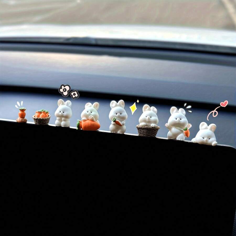 8件套可爱T型兔子汽车装饰套装 - 适用于装饰中控台和后视镜，创意汽车内饰配件，汽车装饰，汽车零件，汽车用品，汽车装饰，汽车内饰配件，汽车必备，汽车用品 - 彩色 - 查看 1