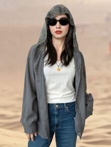 女式镂空钩针连帽长袖衬衫，宽松时尚休闲衬衫，轻薄，适合秋冬