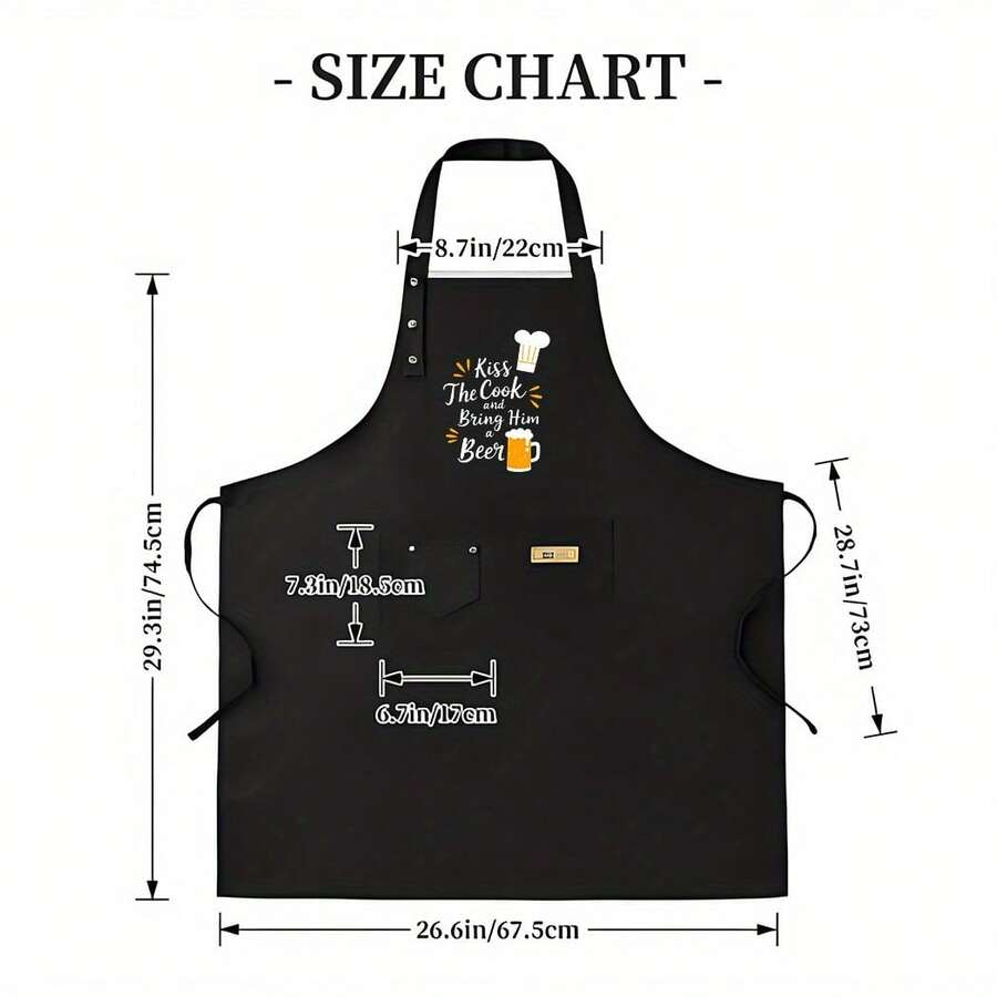 1pc Funny "Kiss The Cook" Polyester Apron - Breathable Waist Apron With Chef Hat & Utensils Design, Lightweight Durable Kitchen Apron For Home Cooking, Restaurants, Food Trucks - Black With White Text, Culinary Attire, Playful Kitchenwear, Practical Pockets, Cooking Attire, Humorous Design, Highquality Material, Restaurant Staff - AZX0001 - View 1