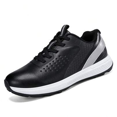 1 Pair Men's Golf Shoes, Lace-Up Style, Soft Leather Upper, Non-Slip Lightweight Sole, Fabric Lining, Suitable For Golfing And Casual Wear