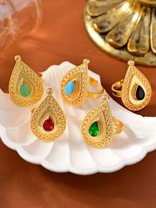 1 peça estilo sultão vintage design de gota d'água incrustado vermelho/esmeralda/ciano claro pedra anéis de ouro 18k para mulheres, perfeito para festa, banquete, decoração de casamento, acessório elegante com design delicado, uso diário versátil, ideia de presente requintada