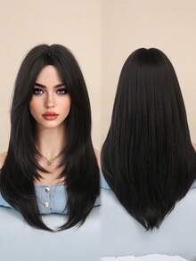 Elegant-24 Inch Layered Dark Brown Wigs For Women,Long Straight Wigs With Curtain Bangs, High Density Fluffy Synthetic Heat Resistant Fiber Hair Wig For Daily Party Wear, Music Festival Party Use - 黑棕色 - 查看 4