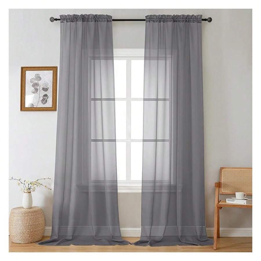 Charcoal Grey Sheer Curtains 108 Inches Long 2 Panels Set, Voile Light Filtering Window Treatment Drapes For Living Room Bedroom Canopy, Each 42Wx108L Inches, 9 Ft, Charcoal Grey - 多色136 - 查看 1