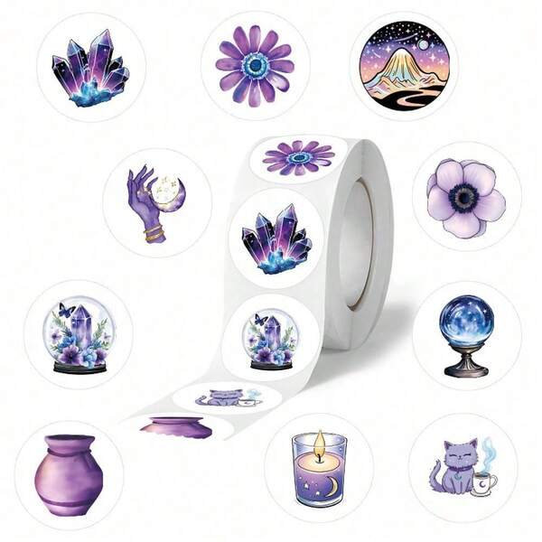 500pcs/Roll Purple Witch Decorative 1 Inch Adhesive Tape Suitable For Diary Notebook Envelope And Office Supplies Reward Handbook Birthday Party Stickers