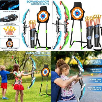 TMEI Bow And Arrow Set For With LED Lights-Archery Set With Suction Cup Arrows Quivers And Standing Target Outdoor Toys For Boys And Girls Ages 3-12 Years Old