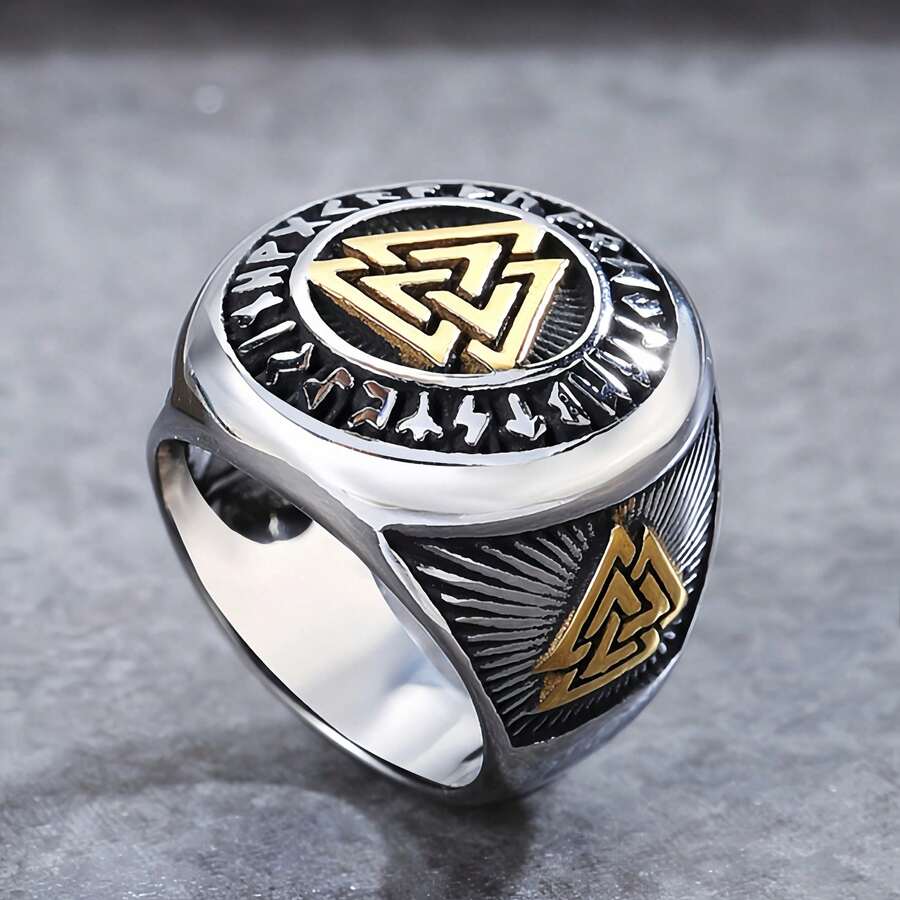 Men's Vintage Style Celtic Viking Norse Triangle Symbol Silver Signet Ring