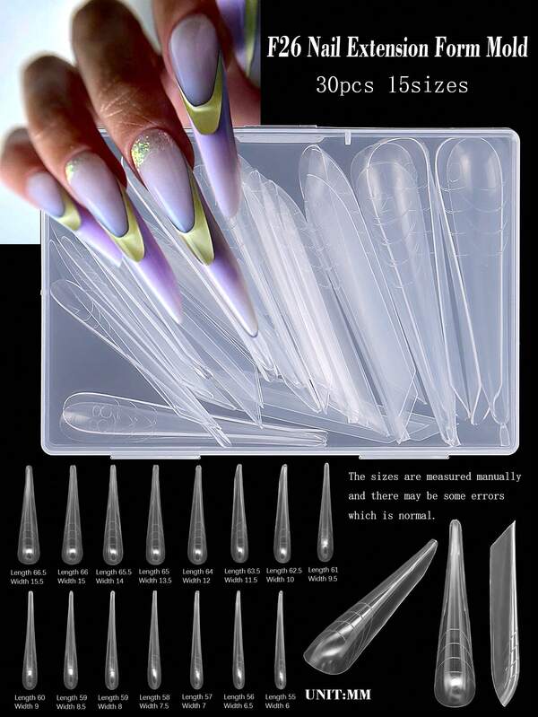 30 piezas/15 tamaños Molde de extensión de uñas francesas delgadas de doble forma para gel UV, molde de construcción rápida de uñas postizas, accesorios y herramientas DIY para extensión de uñas, suministros de manicura y salón de uñas