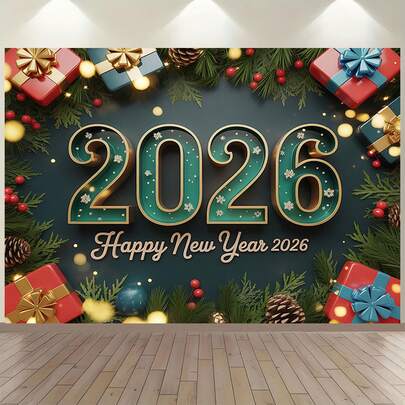 1PC 2026 新年数字横幅 - 大型金色和绿松石色 2026 气球风格数字，带有“新年快乐”字样，多种尺寸，多用途派对背景，适合男女通用装饰、室内和室外装饰、摄影工作室、花园装饰、派对装饰和电话亭。