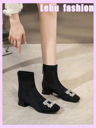 女士时尚靴子，新款奢华水钻搭扣装饰方头中跟粗跟办公靴，弹力修身踝靴，适合节日活动、约会等场合