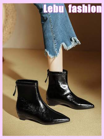 Qiluyuan Women's Fashion Boots, New Autumn/Winter Short Boots, Western Style Side Zipper, Office Solid Color Pointed Toe Mid Chunky Heel Slim Boots, Work Shoes, Date Night Stylish Ankle Booties