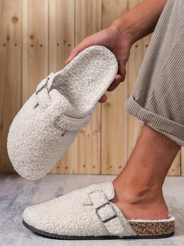 Papuci de pluș pentru bărbați - Parte superioară și căptușeală din material moale, Talpă din PVC absorbantă de șocuri, Potriviti pentru purtare în interior și în exterior, Papuci de casă casual, Unisex - Bej