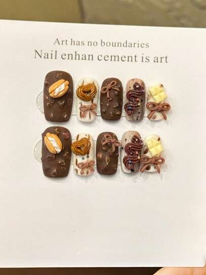 10pcs Handmade Nails Square Nails Press On Nails Medium, Cute Brown White Yellow Nails, 3D Matte Afternoon Tea Chocolate Baguette Ice Lolly Bow Cream, Cute Edgy Elegant Luxury Fall Press On Nails, Autumn Nails, Party Daily & Dating Use Beach Tropical Getaway Suitable,DIY False Nail Art Suitable For Women & Girls As Gift Nail Supplies