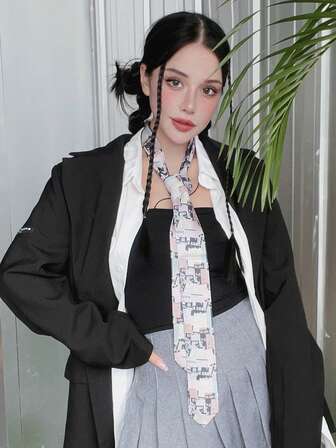 1 件字母和报纸印花休闲街头风格涤纶窄领带、围巾、发带、腰带、围巾，适合所有季节