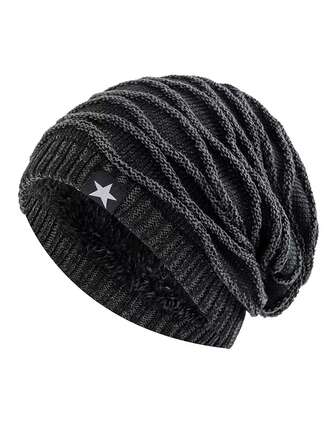 New Unisex Slouchy Winter Hats Add Fur Lined Men And Women Warm Beanie Cap Casual Five-Pointed Star Decor Winter Knitted Hats