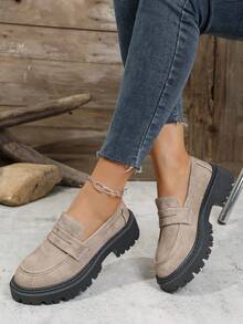 Giày lười đế dày phong cách Anh cổ điển dành cho nữ, giày lười thường ngày, giày sinh viên đi chơi ngoài trời - Màu be - Xem 5