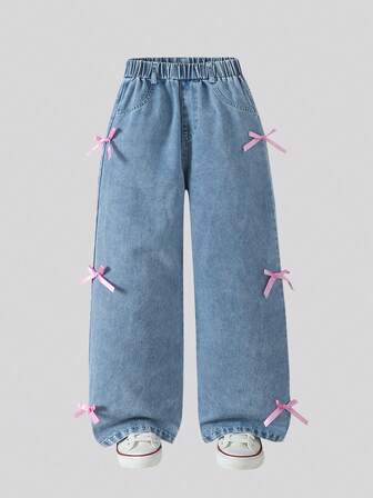 Tween Girl Mode Casual Lösa raka ben jeans med sidobåge