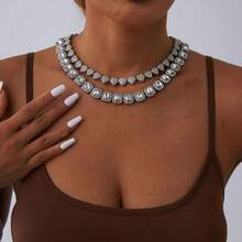 Gold Silver Cuban Link Chain Women Heart Tennis Chain Choker Necklace Layered Necklace Bling Necklace Women Hop Jewelry - 銀色 - 查看 8