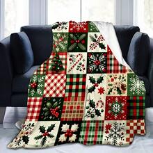 1 szt. Tradycyjny świąteczny koc patchworkowy – świąteczna dekoracja domu, klasyczny wzór w kolorze czerwonym i zielonym, miękki i przytulny, całoroczny, odporny na rozdarcia, można prać w pralce, nadruk cyfrowy, poliester, pikowany, wielofunkcyjny do salonu i sypialni