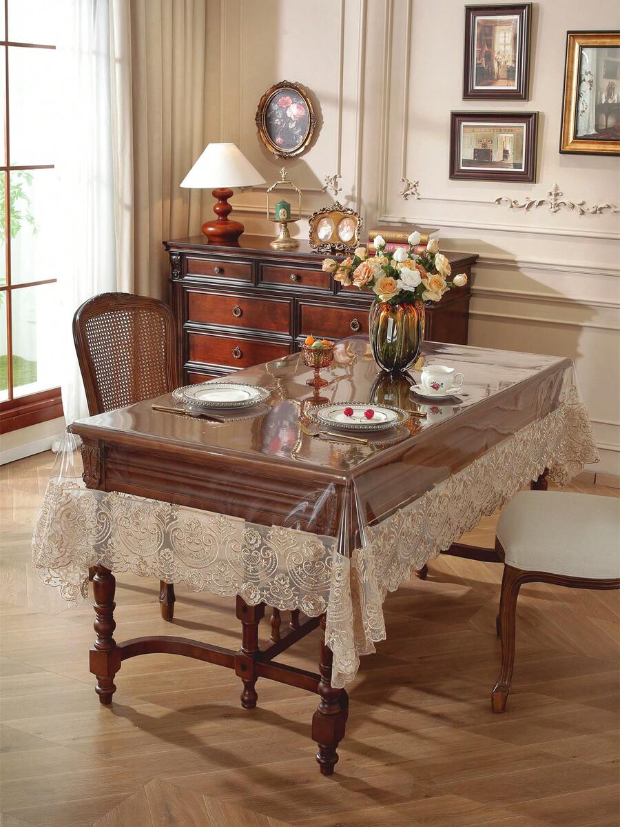 1 pieza Mantel rectangular de encaje europeo bordado y resistente al agua, mezcla de PVC y encaje, resistente al aceite, adecuado para fiestas y celebraciones, decoración de mesa minimalista y romántica para sala de estar, cocina, dormitorio y hotel - Camel - Ver 1