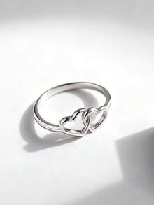 1枚简约独特925纯银小巧双心戒指，优雅珠宝，女士礼物 - 小雙愛心戒指 - 查看 4
