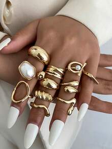 11件套奢华镂空几何仿珍珠镶嵌金属叠戴戒指，时尚优雅，适合婚礼、派对、度假、休闲场合，女士及情侣适用，节日、生日等场合皆宜，百搭珠宝礼品。 - 戒指 - 查看 2