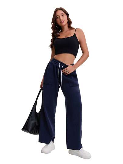 Women's Navy Blue Wide Leg Sweatpants, High Waisted Drawstring Sporty Joggers With Pockets, Comfy Loose Fit Athletic Pants For Workout & Street Style