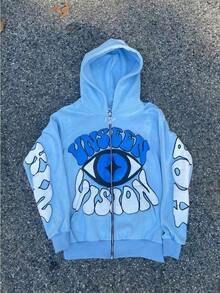Women Sky Blue Y2K Hoodie Eyes Print Loose Hip Hop Street Harajuku Hoodies Letter Printing Vnseen Vision Halloween Hoodie Unisex - 藍色 - 查看 4