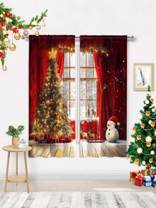 2 Stück Weihnachts-Themen Digital-Bedruckte Vorhänge - Fenster mit roten Vorhängen & einem funkelnden Weihnachtsbaum Innendesign, einfache Stangentasche-Installation, halbtransparenter Polyester - für Wohnzimmer/Küchen/Schlafzimmer/Esszimmer, verleiht Ihrem Zuhause Weihnachtsstimmung
